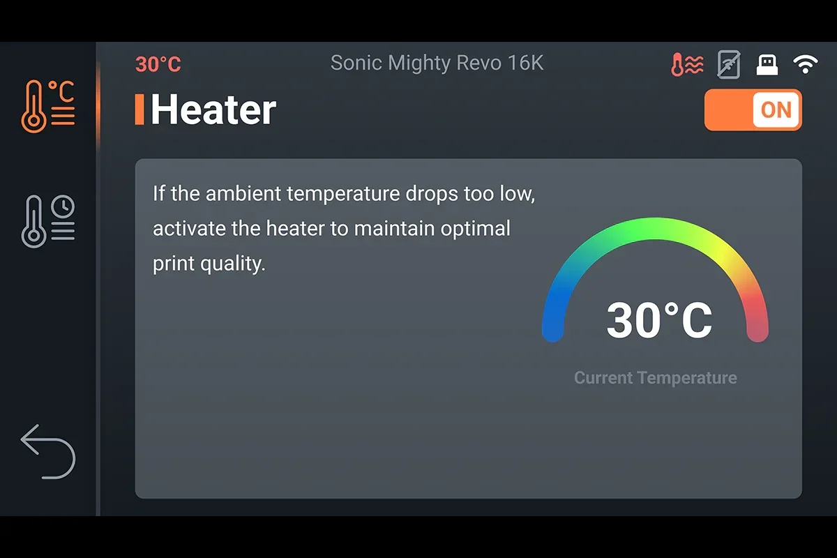 Heater control panel showing 30°C current temperature, a color arc gauge, and instruction to activate heater to maintain print quality.