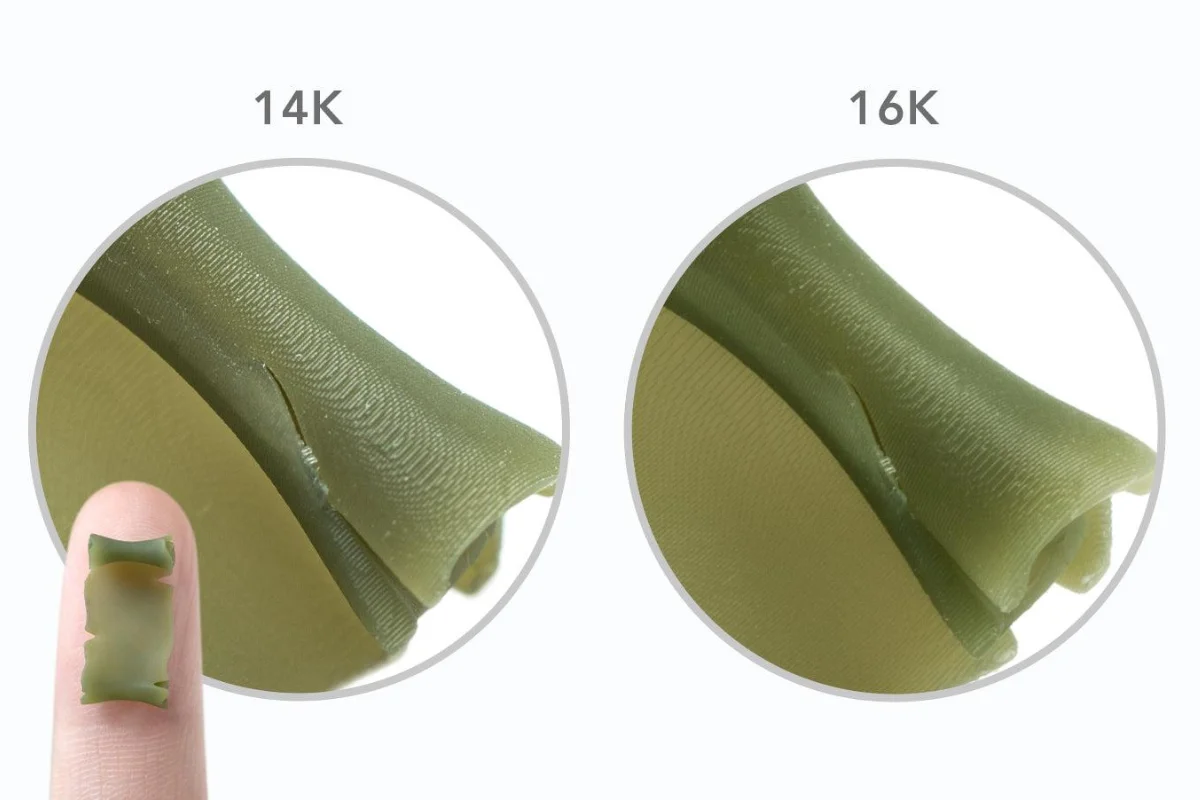Side-by-side close-ups of a green fabric edge, left shows a small tear near the hem while a fingertip holds a tiny piece; labeled 14K and 16K above each circle.