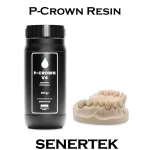 Black bottle labeled P-CROWN V4 ceramic resin beside a dental mold/teeth model on a white background, product shot for dental printing material