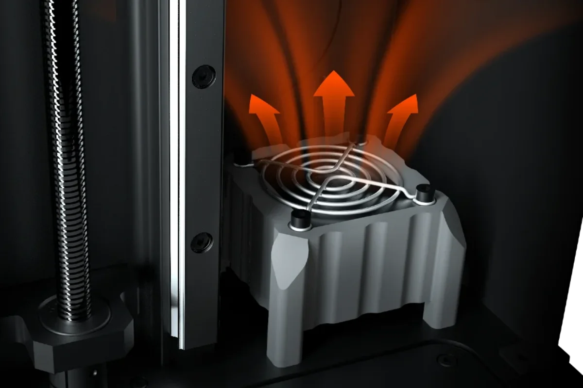 3D printer cooling fan with orange arrows showing warm air rising from the extruder area.