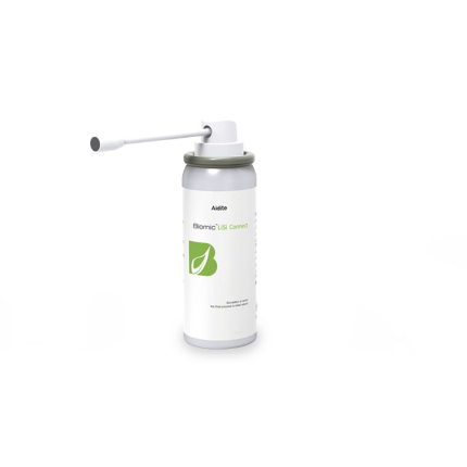 White spray can with a long nozzle, labeled 'Biomic LiSi Connect' by Aidite, standing on a white background.