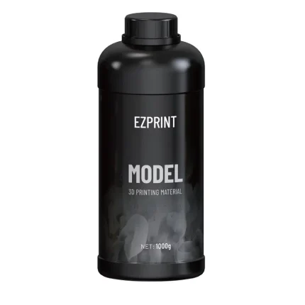 Black plastic bottle of EZPRINT Model 3D printing material, 1000 g net weight, bottle top and cap visible