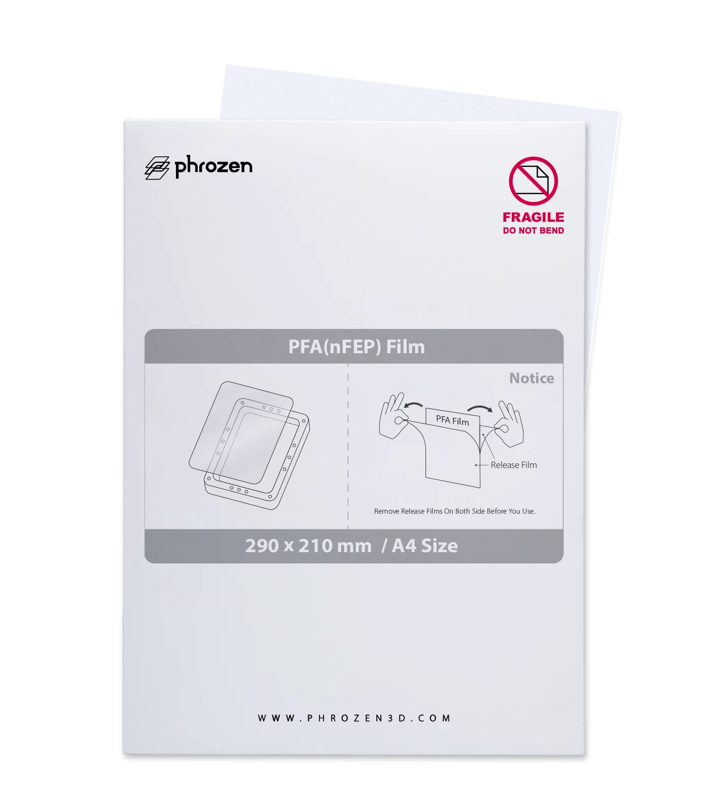 Folie-nFEP - FORJ White packaging box featuring the Phrozen logo, a red 'Fragile Do Not Bend' symbol, and a gray banner reading 'PFA(nFEP) Film' with size '290 x 210 mm / A4 Size'