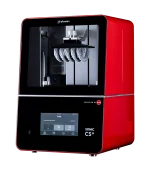 Red Phrozen Sonic CS+ 3D printer with a large front window and touchscreen display visible on the lower panel, showcasing the internal print head assembly.