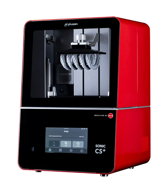 Red Phrozen Sonic CS+ 3D printer with a large front window and touchscreen display visible on the lower panel, showcasing the internal print head assembly.