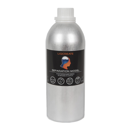 Aluminum bottle of LIQCREATE Separation Model photopolymer resin with black label and white cap